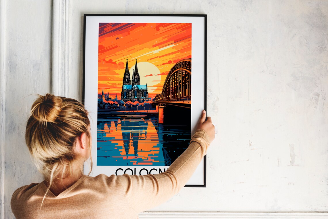 Cologne Cathedral Bridge Fiery Sunset Rhine Germany Travel Poster - Image 2