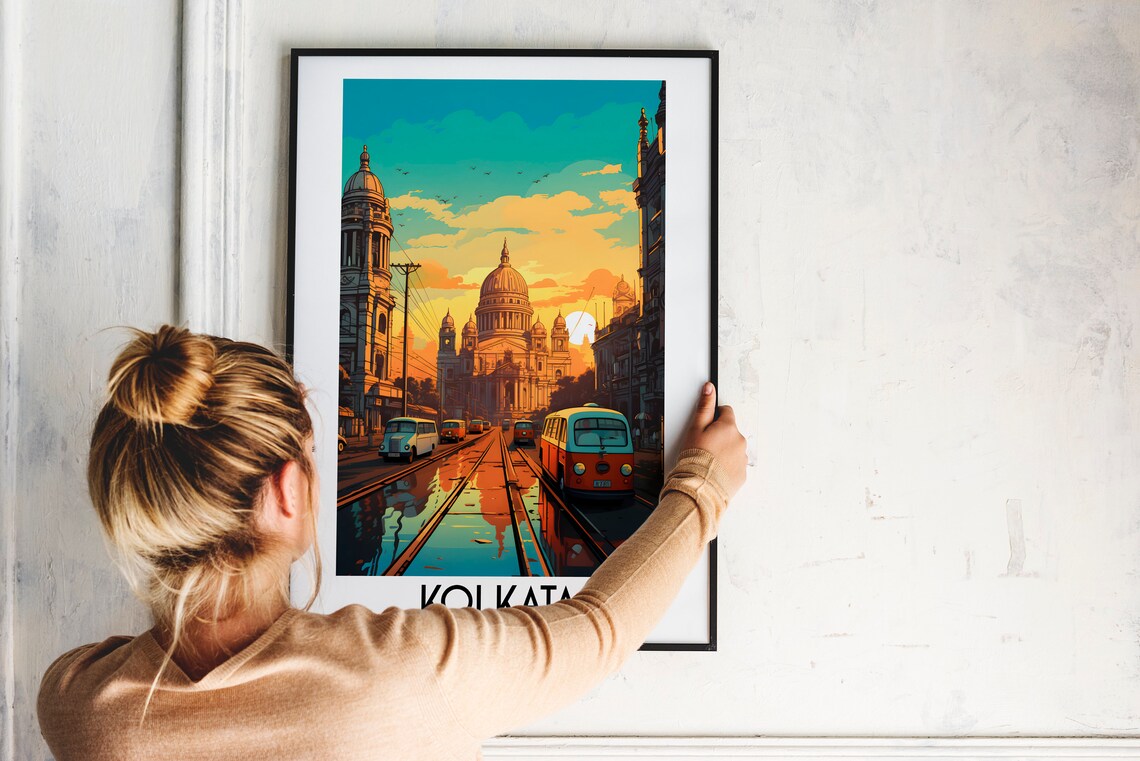 Kolkata India Victoria Memorial Tram Street Sunset Travel Poster - Image 2