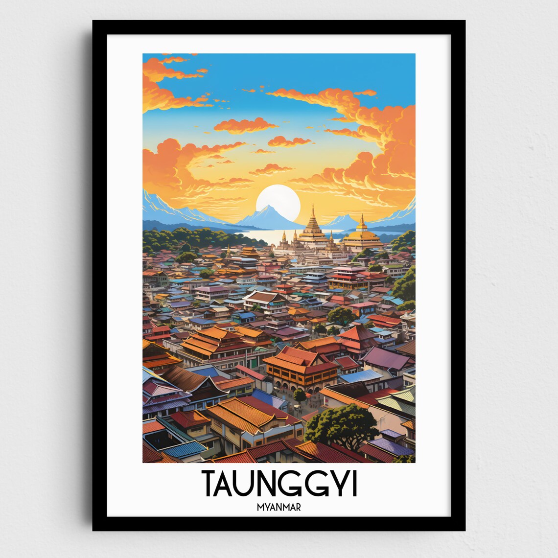 Taunggyi Myanmar Golden Pagoda Sunset Cityscape Temple Travel Poster