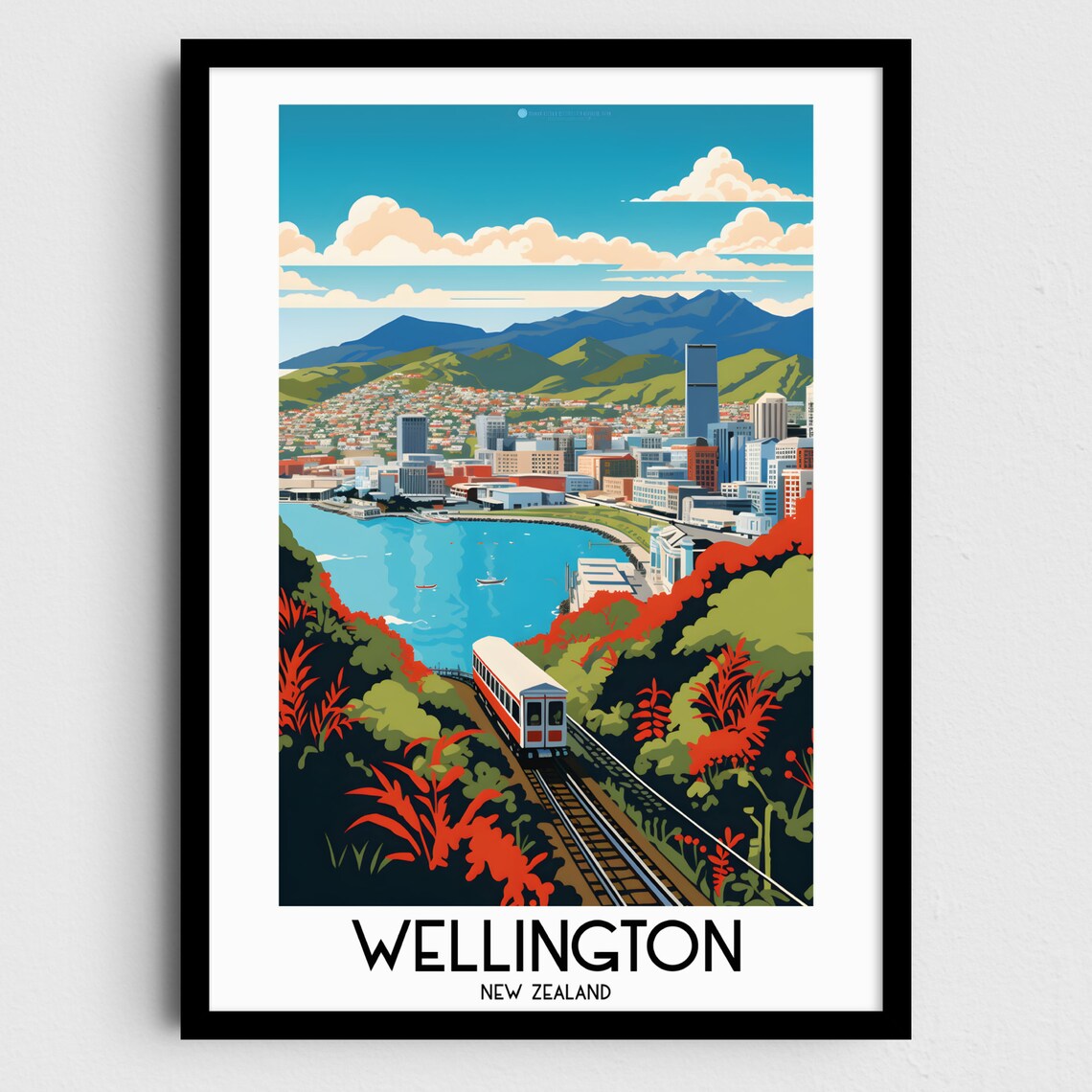 Wellington New Zealand Cable Car Harbor City Retro Travel Poster