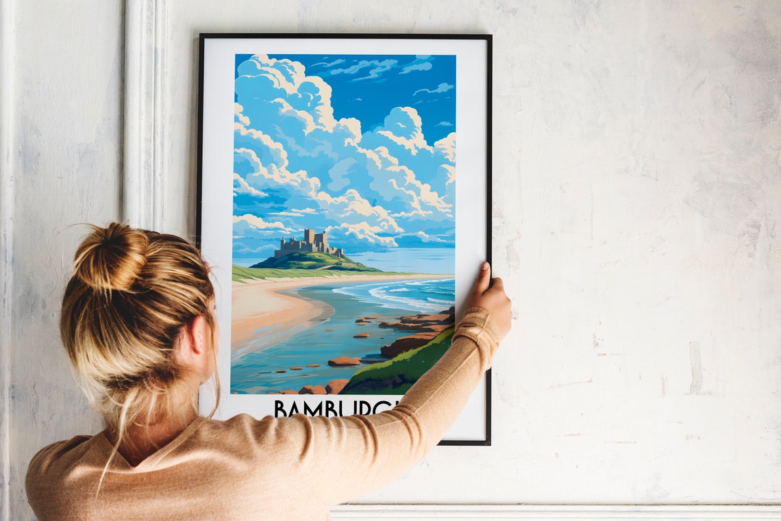 Bamburgh Castle Beach Cloudy Sky Scene England Travel Art Poster - Image 2
