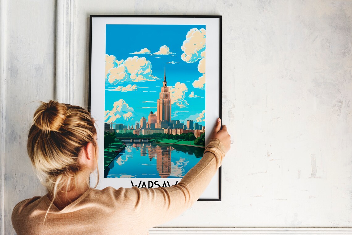Warsaw Poland Palace of Culture Art Deco Skyline Travel Poster - Image 2
