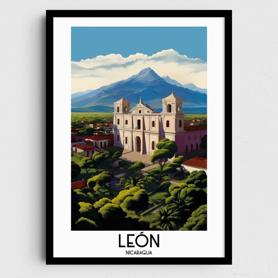 Leon White Cathedral Volcano View Nicaragua Travel Art Poster