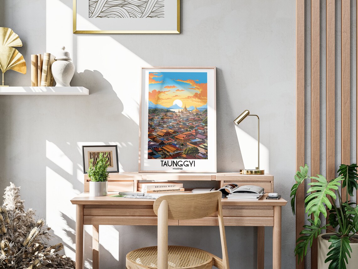 Taunggyi Myanmar Golden Pagoda Sunset Cityscape Temple Travel Poster - Image 3