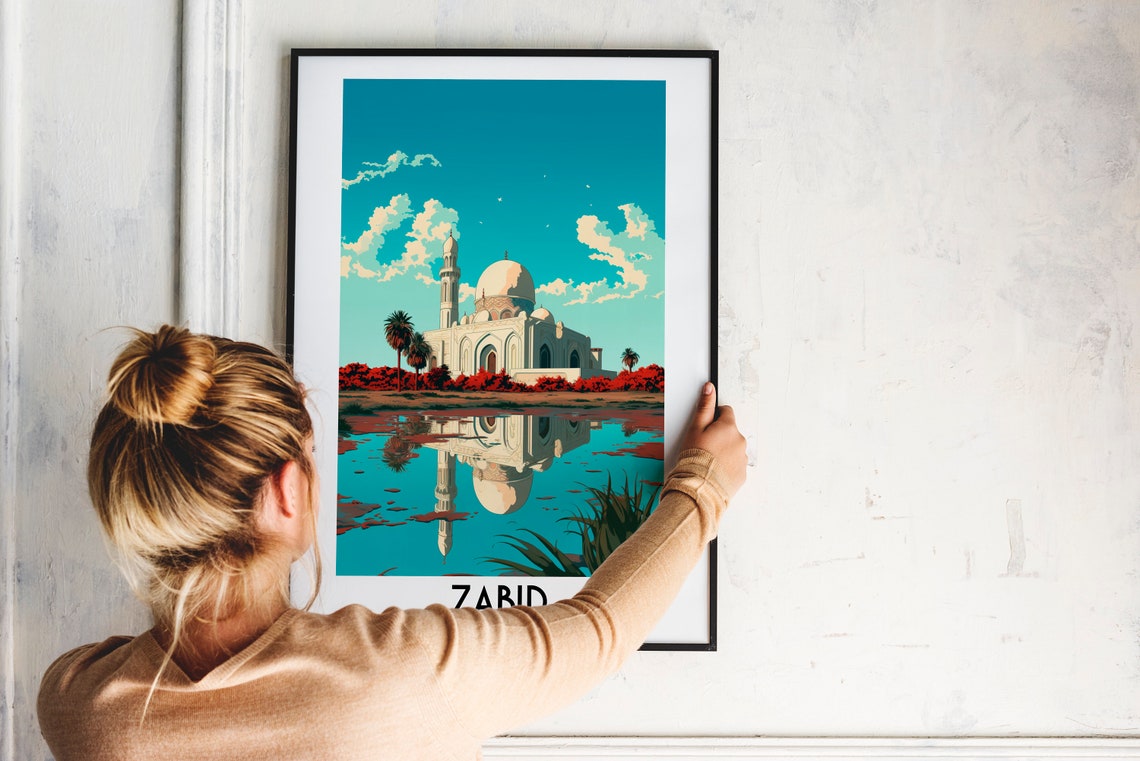 Zabid Yemen White Mosque Reflected in Water Historic Travel Poster - Image 2