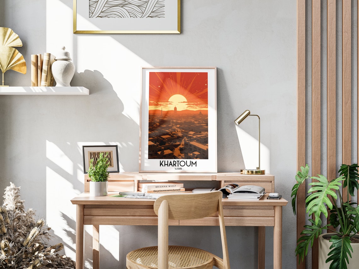 Khartoum Sudan Red Sunburst Cityscape Rooftops Vintage Travel Poster - Image 3