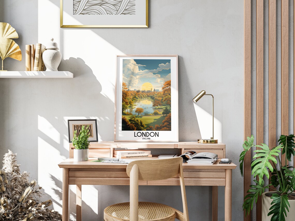 London England Autumn Park Lake Skyline Golden Light Travel Poster - Image 3