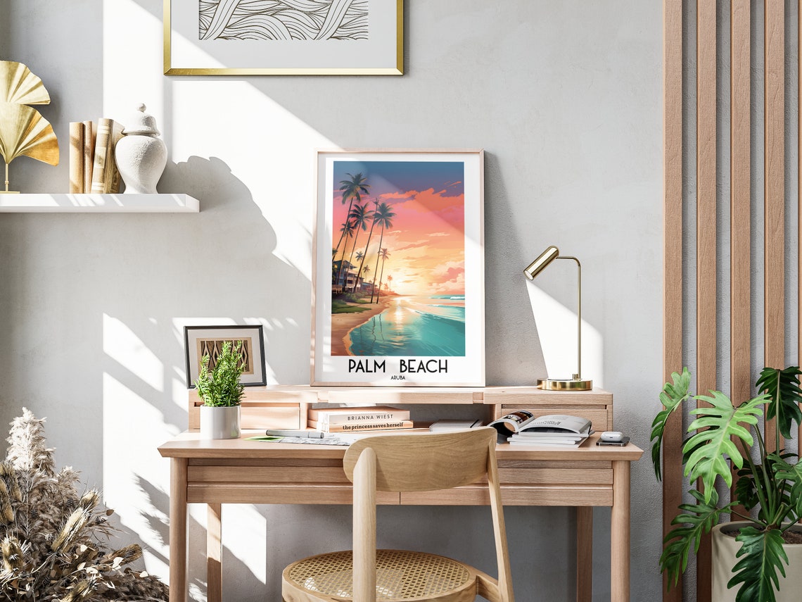 Palm Beach Aruba Golden Sunset Shore Palms Ocean Waves Poster - Image 3