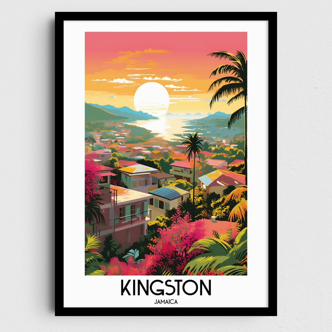 Kingston Sunset Harbor Town Palm Trees Jamaica Travel Poster