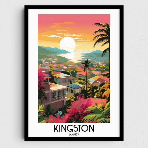 Kingston Sunset Harbor Town Palm Trees Jamaica Travel Poster