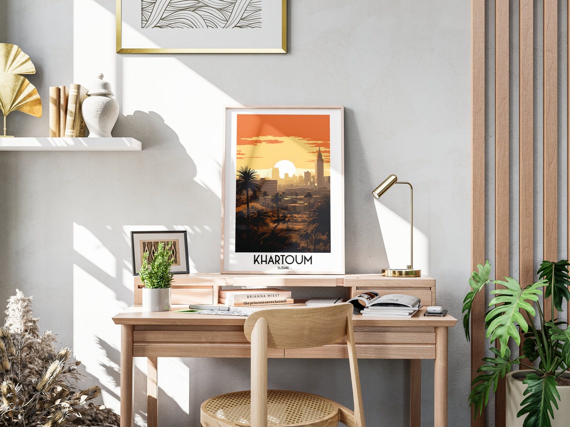 Khartoum Sudan Palm Trees Sunset Skyline Vintage Travel Poster - Image 3