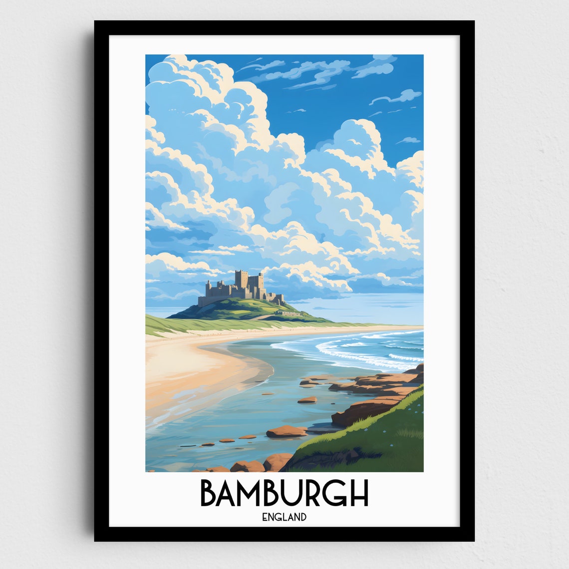 Bamburgh Castle Beach Cloudy Sky Scene England Travel Art Poster