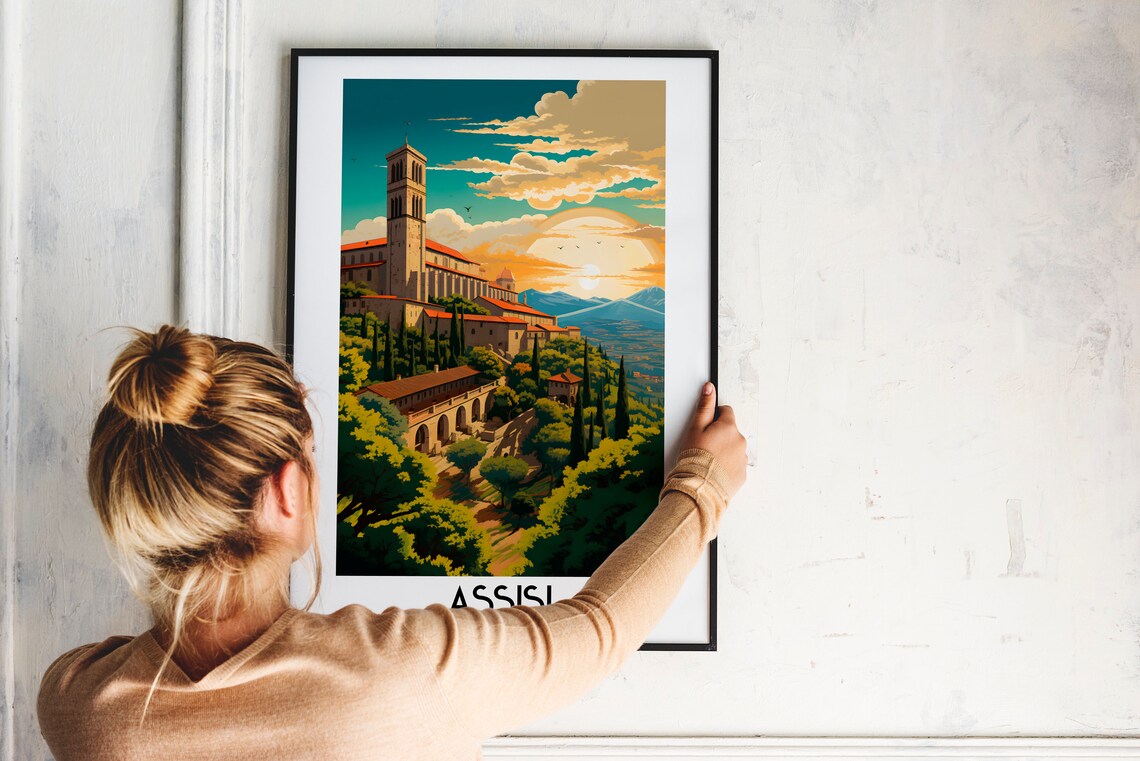 Assisi Italy Hilltop Basilica Sunset Umbrian Hills Travel Poster - Image 2