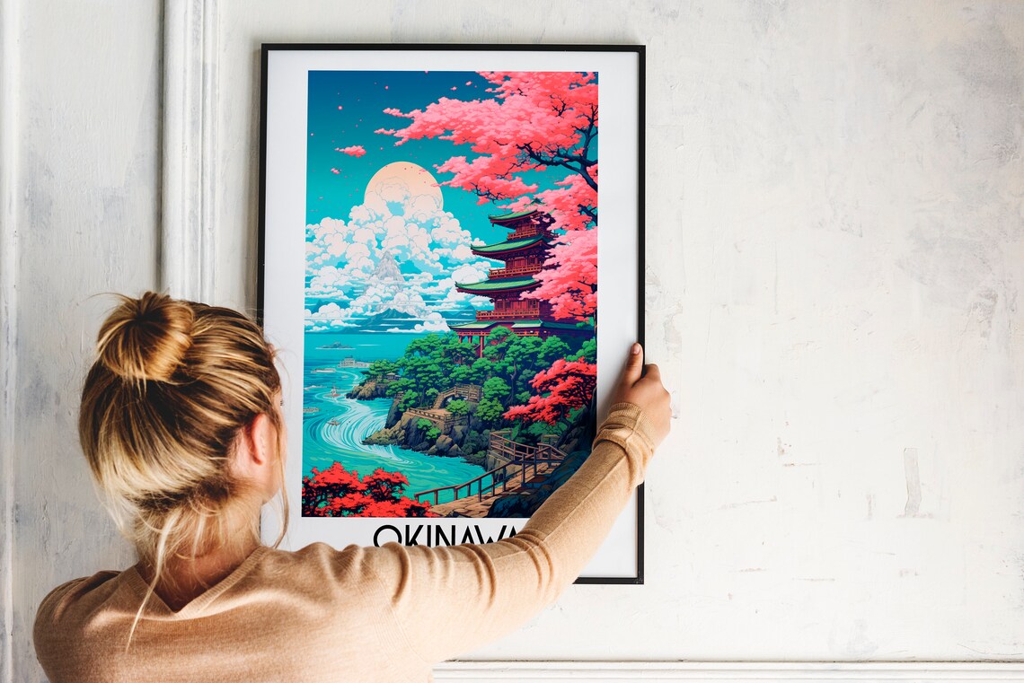 Okinawa Japan Pagoda Cherry Blossom Coast Vintage Travel Poster - Image 2