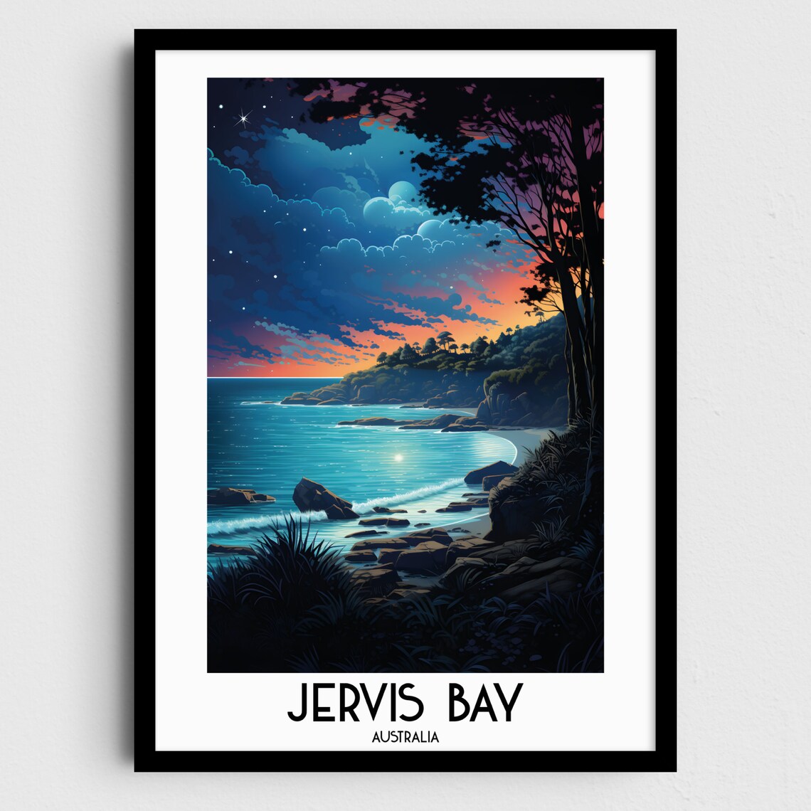 Jervis Bay Moonlit Rocky Cove Stars Night Sea Australia Travel Poster