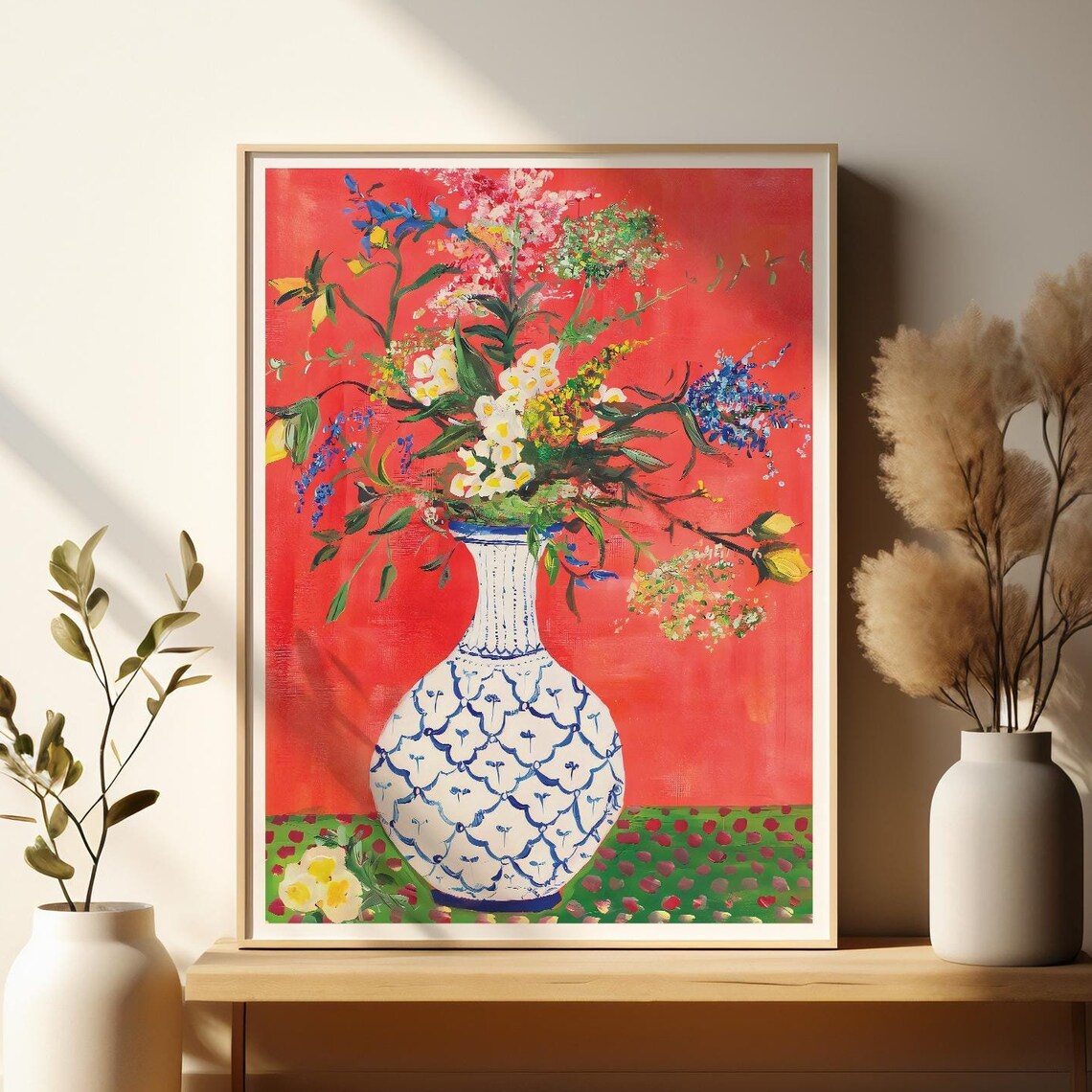 Coral Red Chinoiserie Vase with Wildflowers Oil Painting Poster