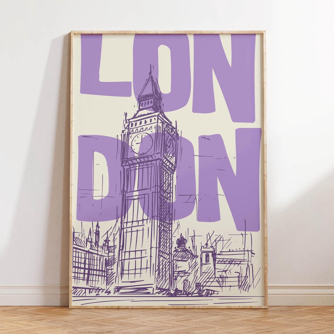 London Big Ben Tower Sketch Purple Retro England City Poster