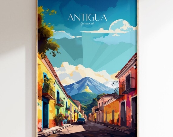 Antigua Guatemala Colorful Colonial Street Volcano Travel Poster
