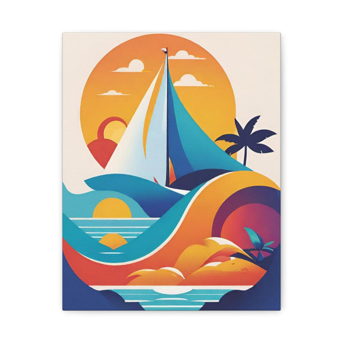 Retro Sailboat Sunset Waves Geometric Tropical Seascape Art Poster