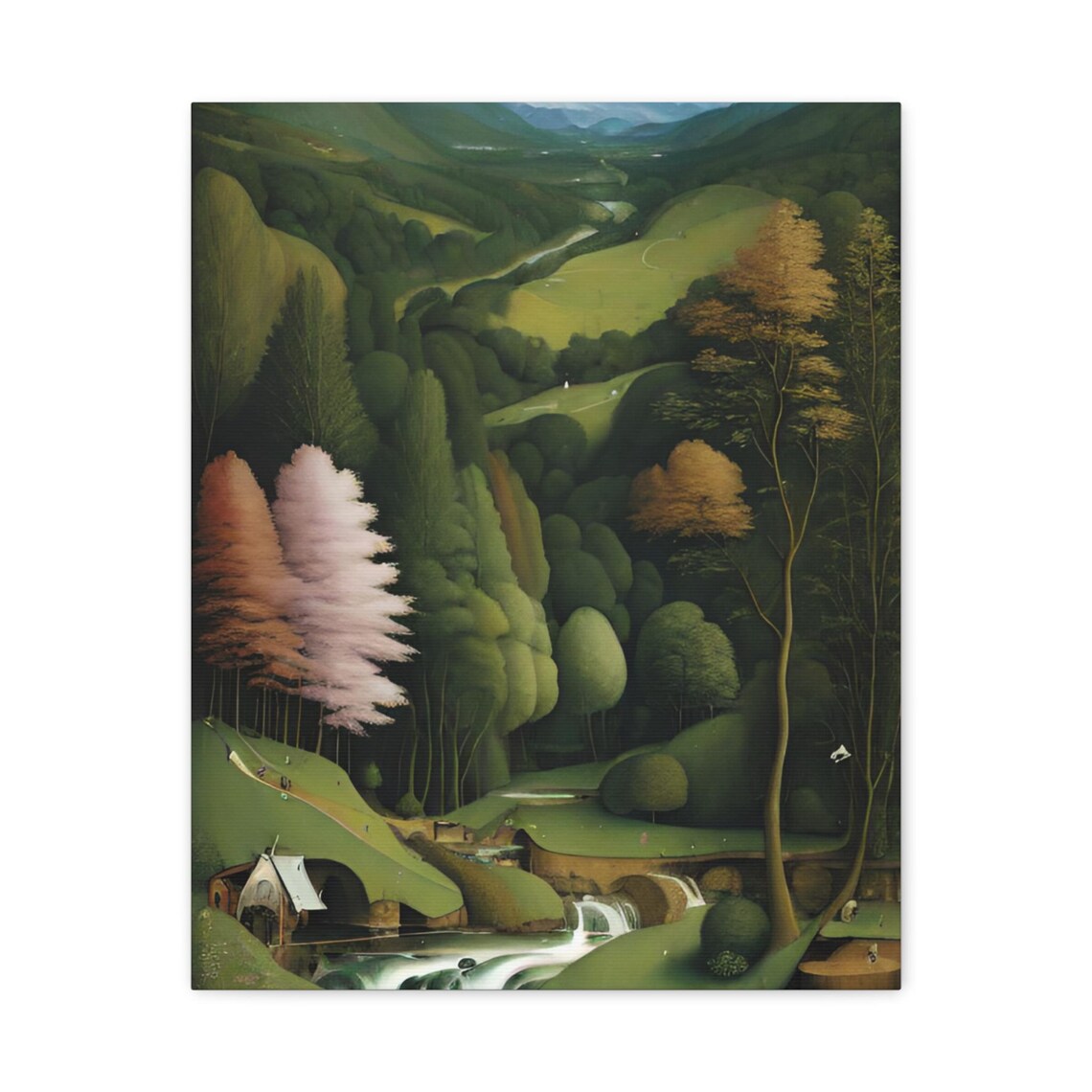 Green Valley Landscape Fairy Tale Forest Waterfall Cabin Art Poster