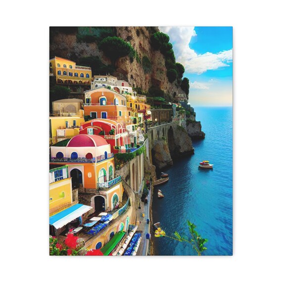 Colorful Coastal Italian Village On Cliffs Over Blue Sea Wall Art