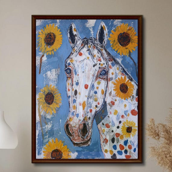Polka Dot Horse Wall Art With Sunflowers Modern Colorful Equine Painting Print Abstract Artwork On Blue Background
