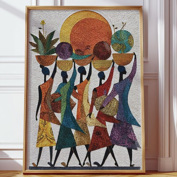 Vibrant Africaninspired Wall Art Print Colorful Silhouette Painting With Sun Botanicals Boho Modern Decor Vertical Poster