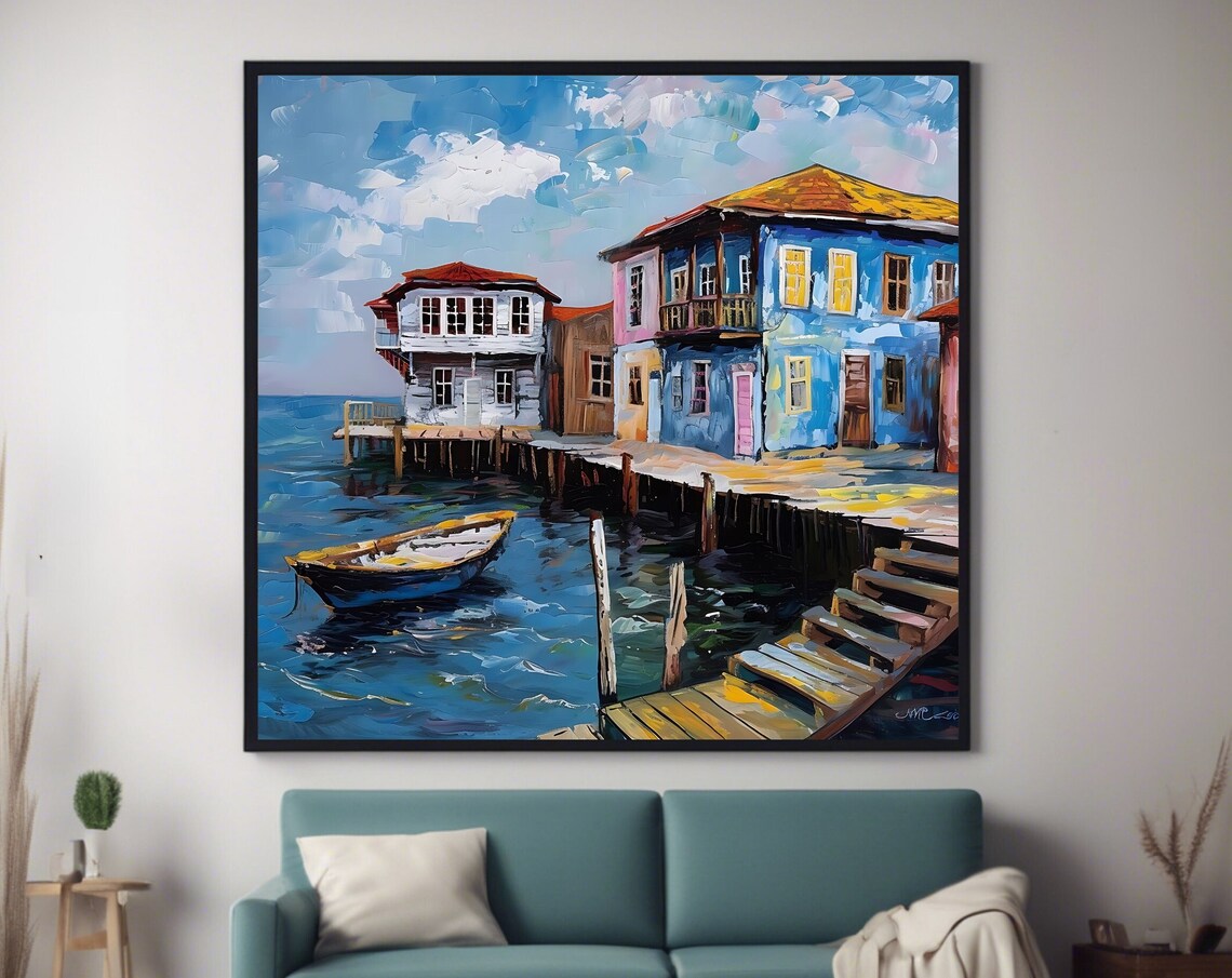 Coastal Village Colorful Houses Pier Fishing Boat Seascape Art Poster - Image 4