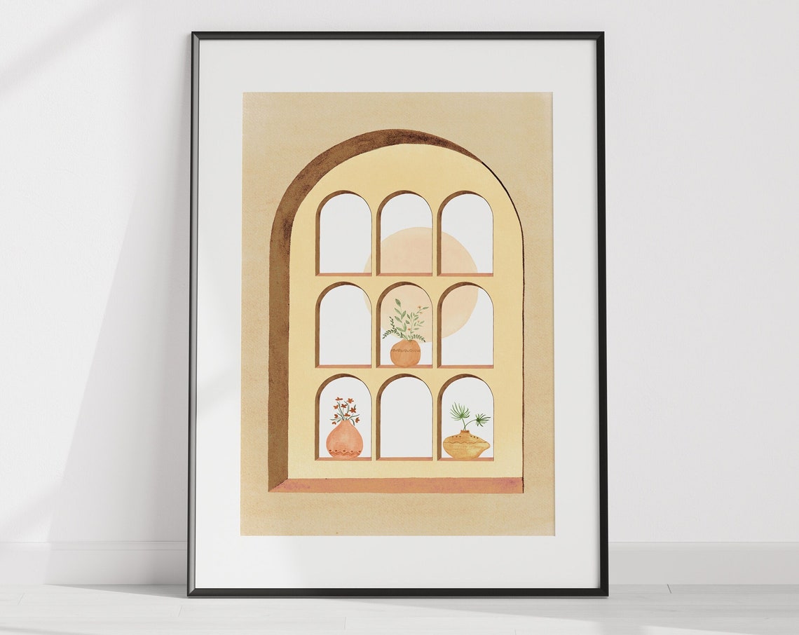 Mid Century Arched Window with Potted Plants Neutral Tone Poster