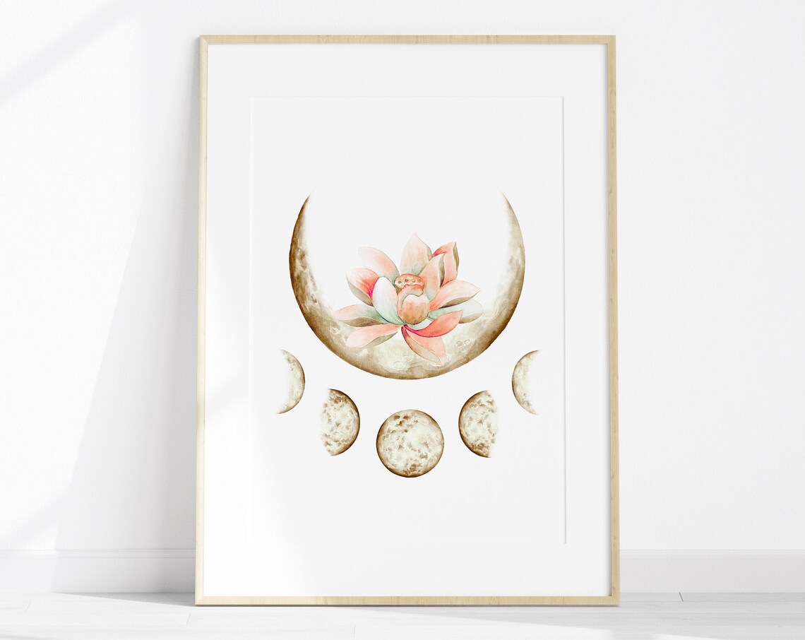 Lotus Flower And Moon Phases Art Print, Boho Zen - Image 2