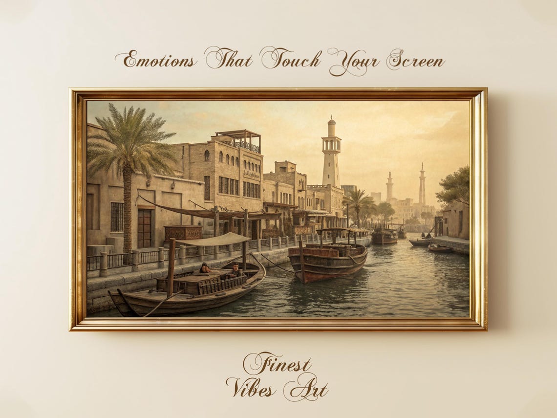 Middle Eastern Canal Cityscape Art For Frame Tv Vintage Arabian Boats Old Town Architecture