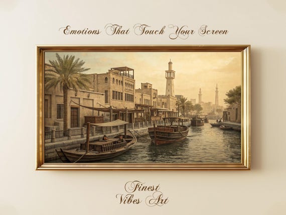 Middle Eastern Canal Cityscape Art For Frame Tv Vintage Arabian Boats Old Town Architecture
