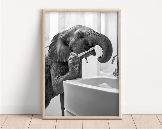 Elephant Brushing Teeth Poster Or Canvas Funny Bathroom Wall Art Kids Laundry Room Decor Vintage Style Retro Animal Print Cute