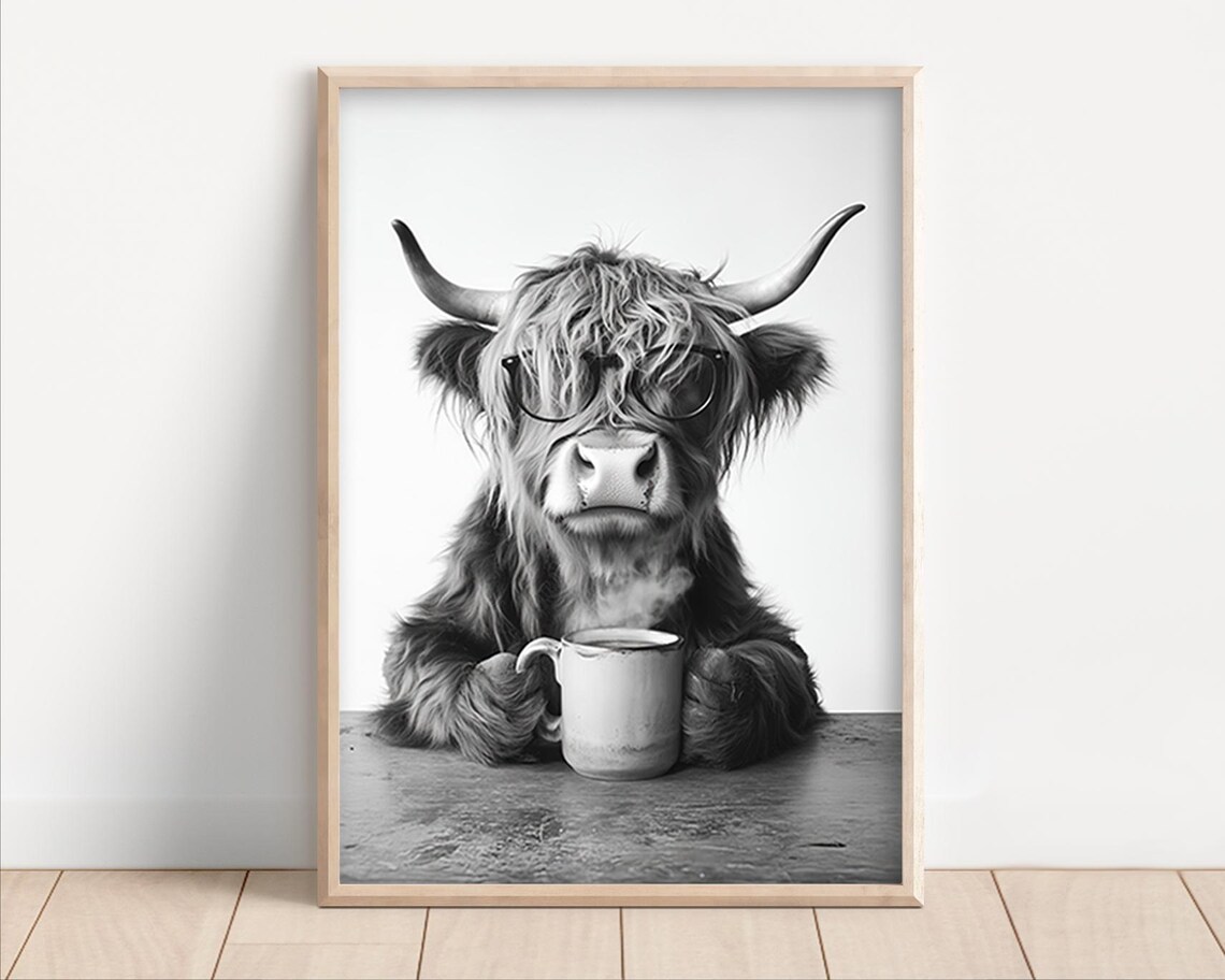 Highland Cow Drinking Coffee Funny Kitchen Wall Art