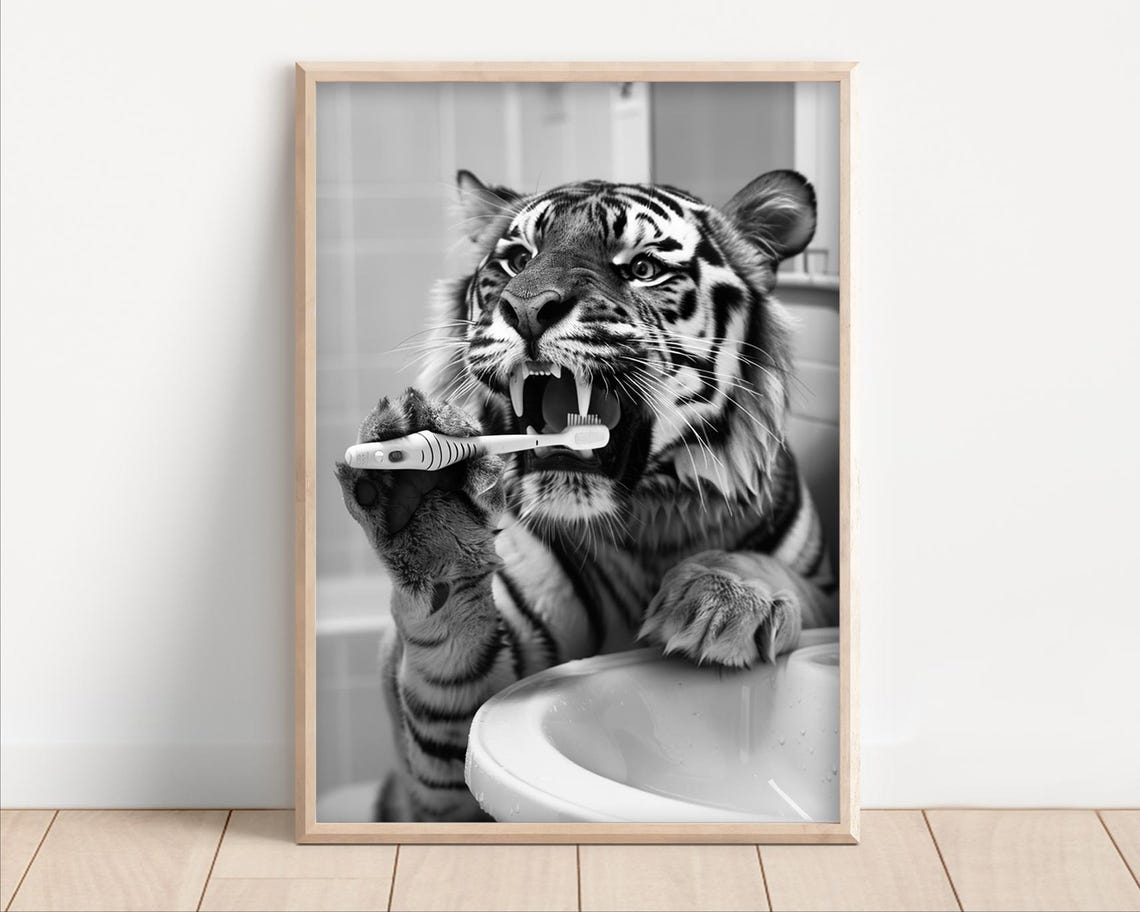 Hilarious Tiger Brushing Its Teeth at the Bathroom Sink Poster