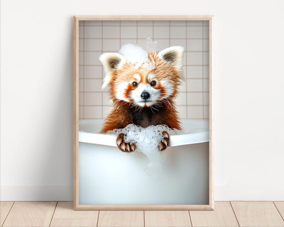 Red Panda Taking A Bubble Bath Poster Canvas Funny Bathroom Wall Art Animals In Bathtub Cute Laundry Room Decor Kids Nursery Print