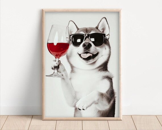 Shiba Inu Dog Drinking Wine Wearing Sunglasses Poster Or Canvas Lover Decor Funny Kitchen Wall Art Humor Dining Room