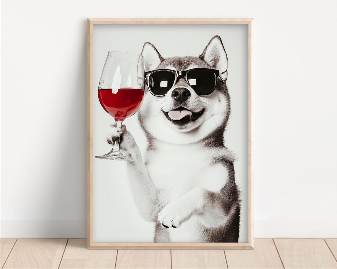 Shiba Inu Dog in Sunglasses Holding Red Wine Funny Animal Wall Art