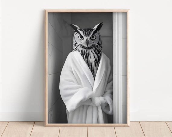 Owl Wearing A Bathrobe Poster Or Canvas Funny Bathroom Wall Art Cute Animals In Kids Laundry Room Decor Print