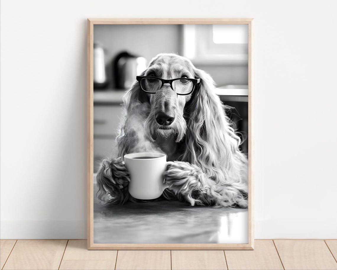 Afghan Hound Coffee Mug Poster Funny Dog Glasses Black and White Decor