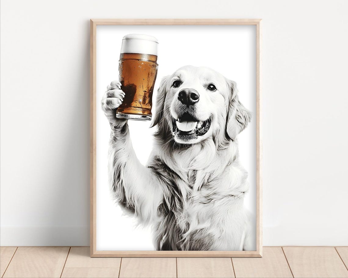 Golden Retriever Raising Beer Glass Funny Bar Decor Dog Poster