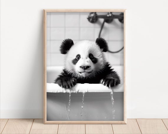 Panda Taking A Bath Poster Or Canvas Funny Bathroom Wall Art Animals In Bathtub Vintage Style Retro Print Cute Decor