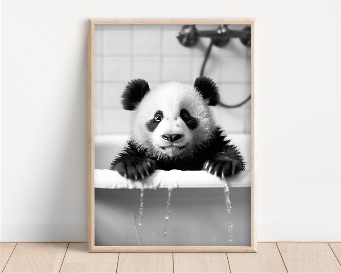 Baby Panda In Bathtub Funny Black And White Animal Photo Poster