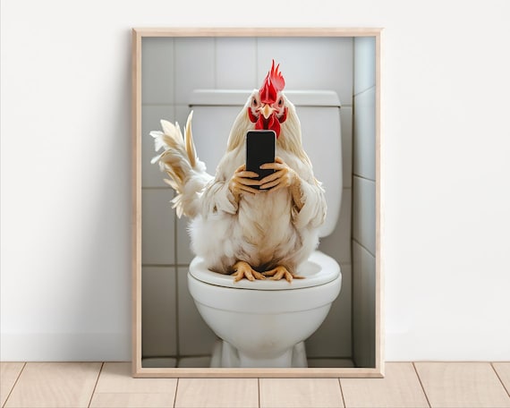 Chicken Sitting On The Toilet Watching Phone Poster Or Canvas Funny Bathroom Wall Art Decor Vintage Style Animal Print Humor