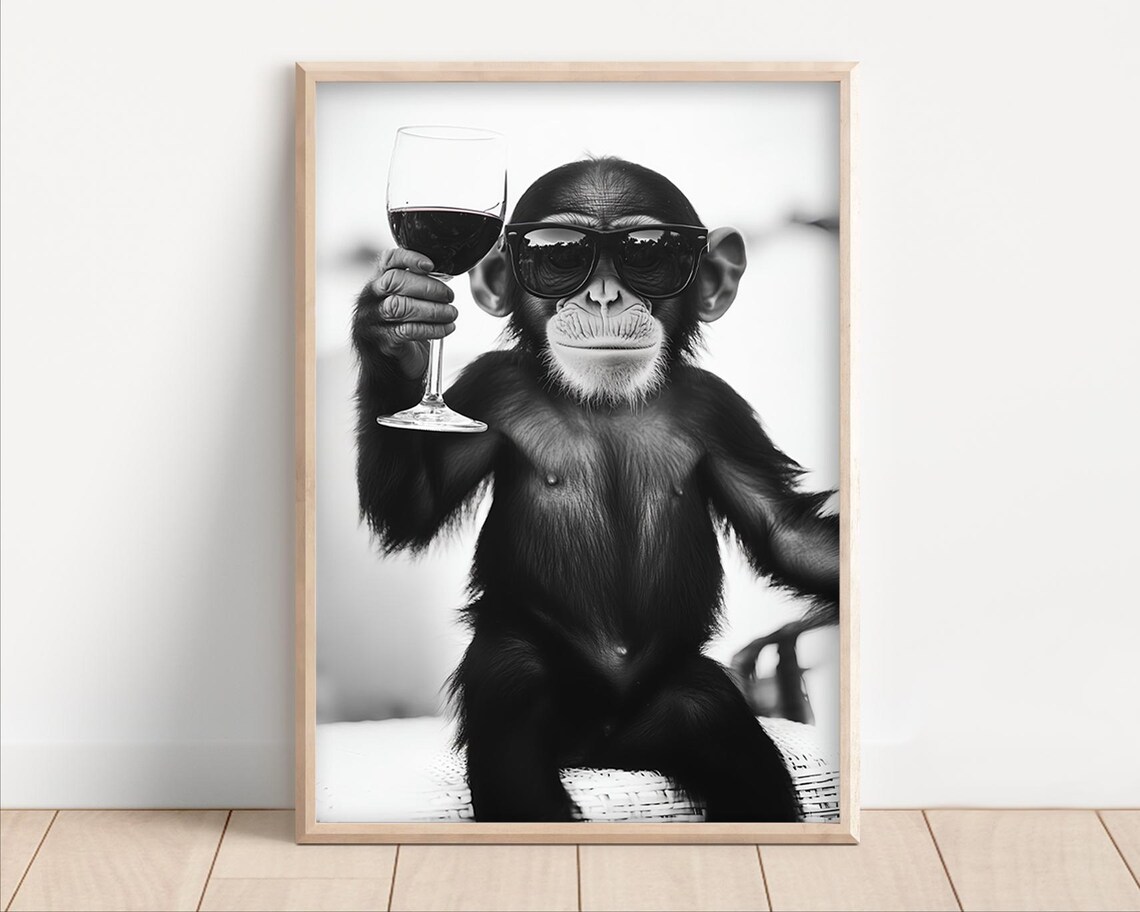 Monkey Drinking Red Wine Poster Or Canvas Funny Kitchen Wall Art Retro Home Bar Decor Lovers Dining Room Print Cute Animal
