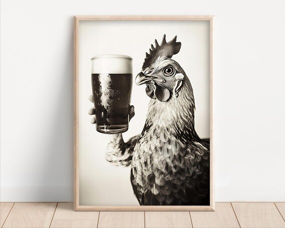 Chicken Drinking Beer Canvas Funny Kitchen Wall Art Poster Home Bar Man Cave Garage Decor Lovers Dining Room Print Animal