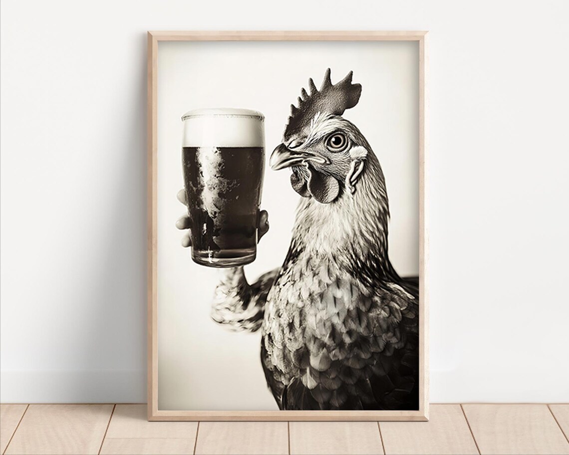 Chicken Drinking Beer Canvas Funny Kitchen Wall Art Poster Home Bar Man Cave Garage Decor Lovers Dining Room Print Animal