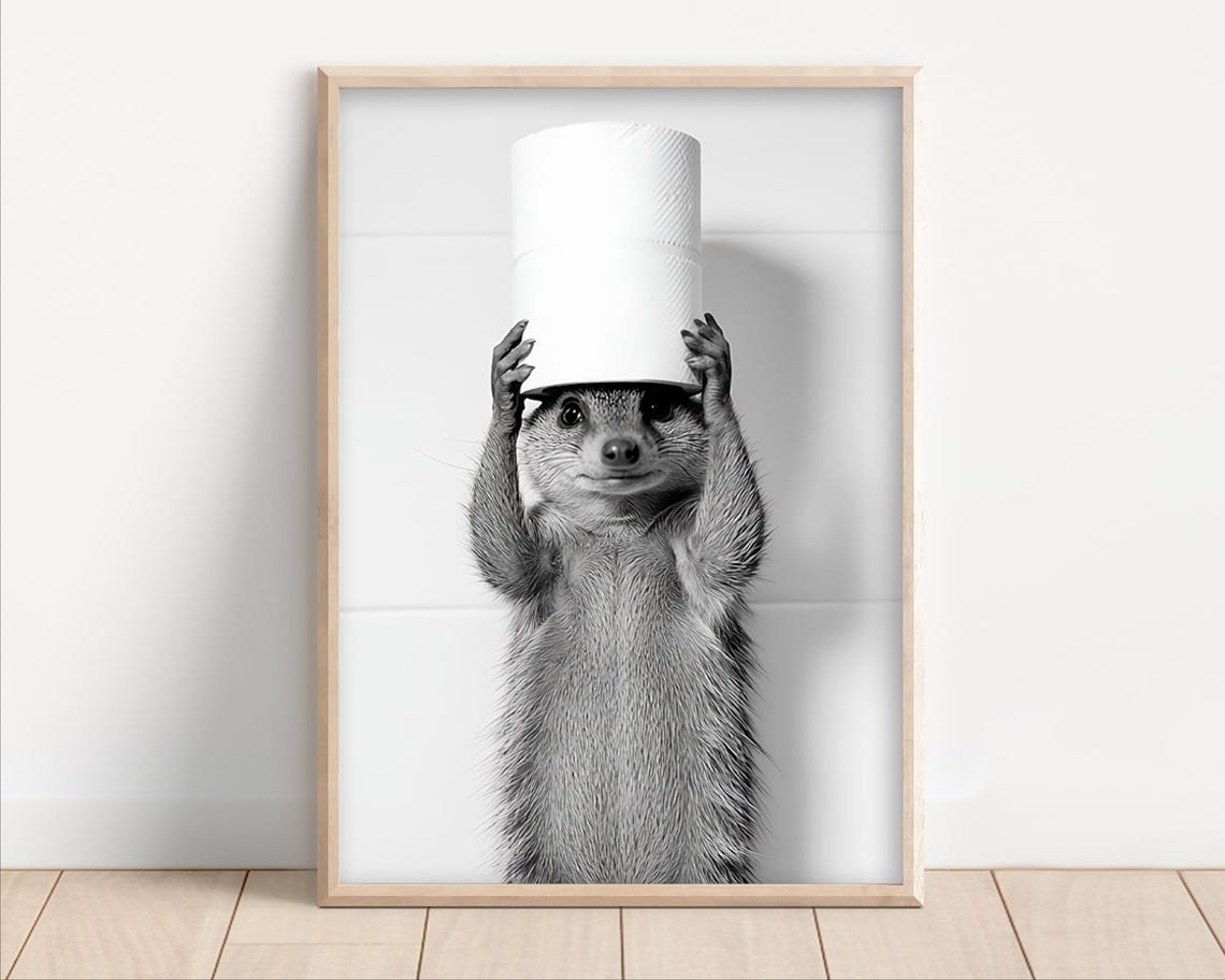Meerkat Holding Toilet Paper Funny Black And White Bathroom Poster