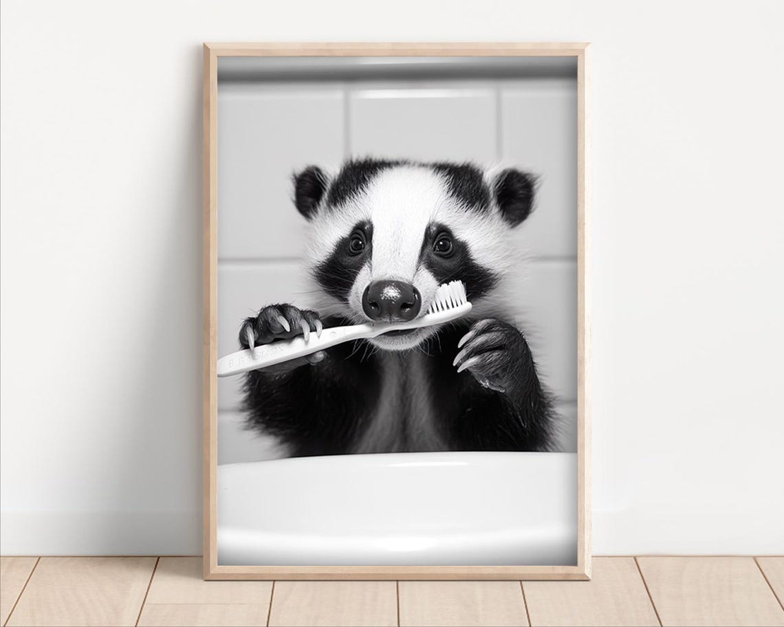 Baby Badger Brushing Teeth Funny Black And White Photo Poster