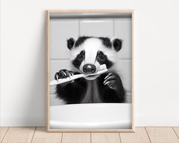 Badger Brushing Teeth Poster Or Canvas Funny Bathroom Wall Art Laundry Room Decor Vintage Style Retro Animal Print Cute Humor